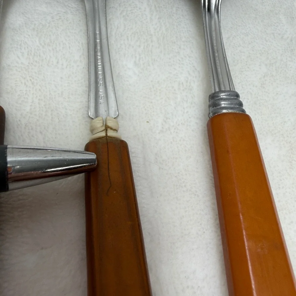 Vintage Butterscotch Handle Utensil Set 3pc Stainless USA Mid Century Modern MCM